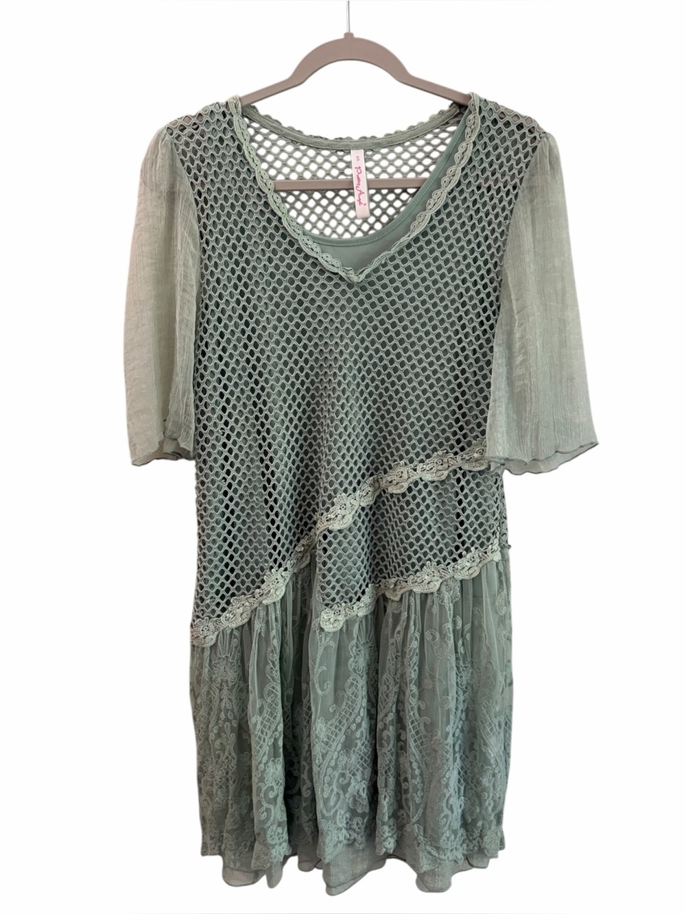 Pretty Angel 53% Silk Forest Fairycore Ethereal Mint Lace & Mesh Mini Dress SM